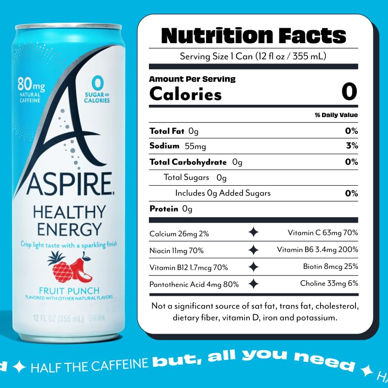 ASPIRE® Fruit Punch, Healthy Energy Drink 80mg Natural Caffeine, Zero Sugar No Carbs Keto Friendly, 12 Pack Green Tea Sugar Free Drink Low Caffeine Zero Calorie - Image 2